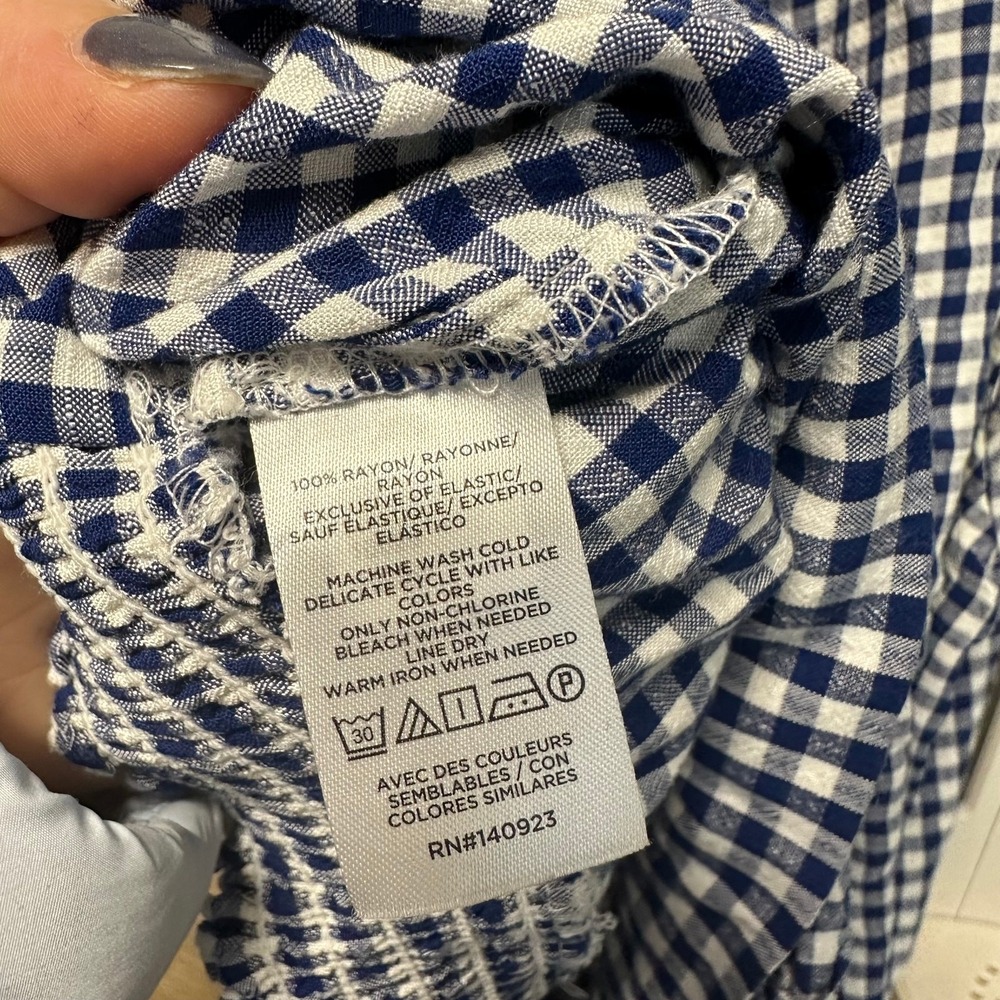 LOFT Gingham Cropped Blouse Tie Front Blue White Plaid Western Festival Sz L - Picture 4 of 8